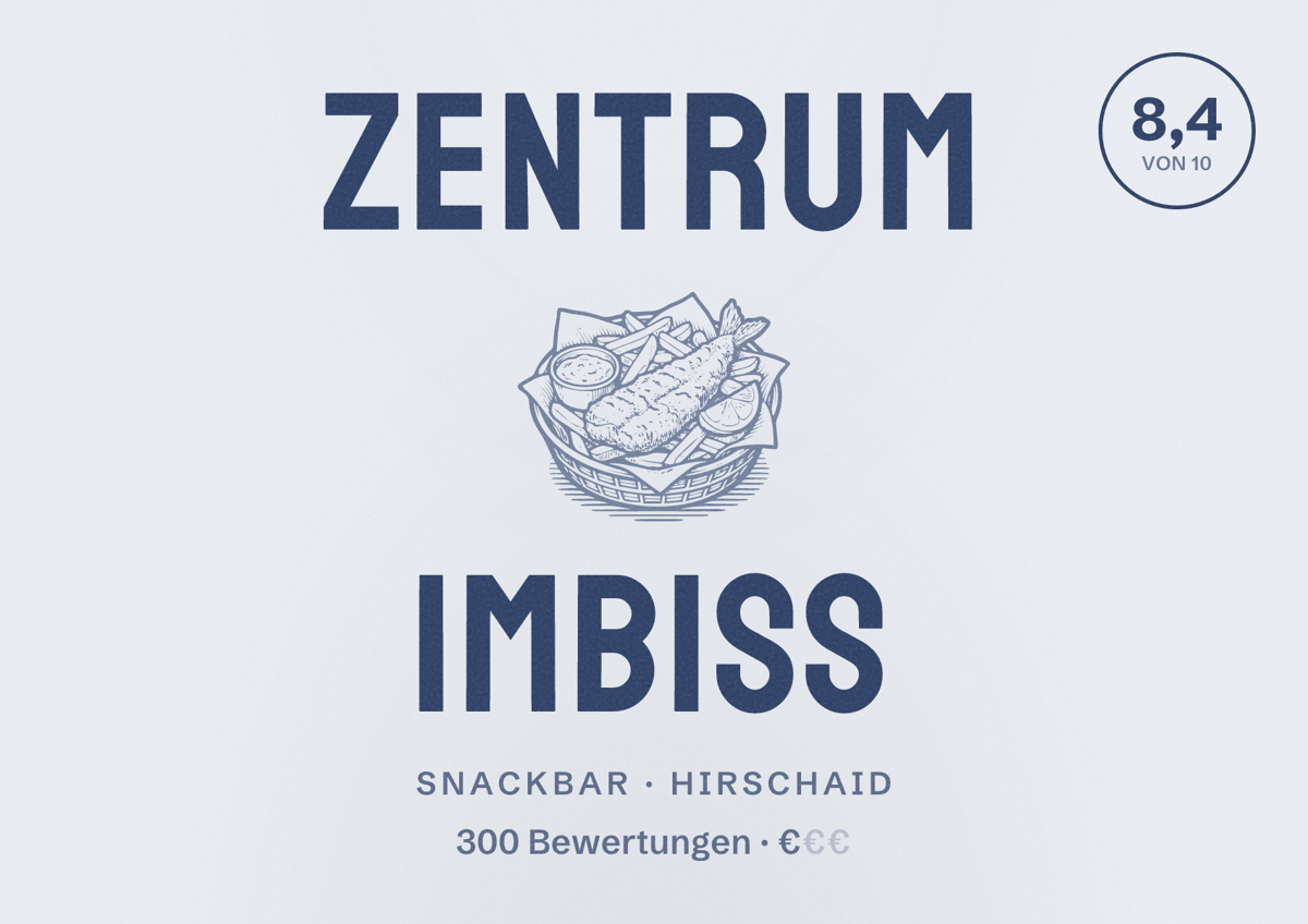 Illustriertes Poster von Zentrum Imbiss, Snackbar in Hirschaid: Bewertung 8,4 von 10 aus 300 Bewertungen, Preisniveau €