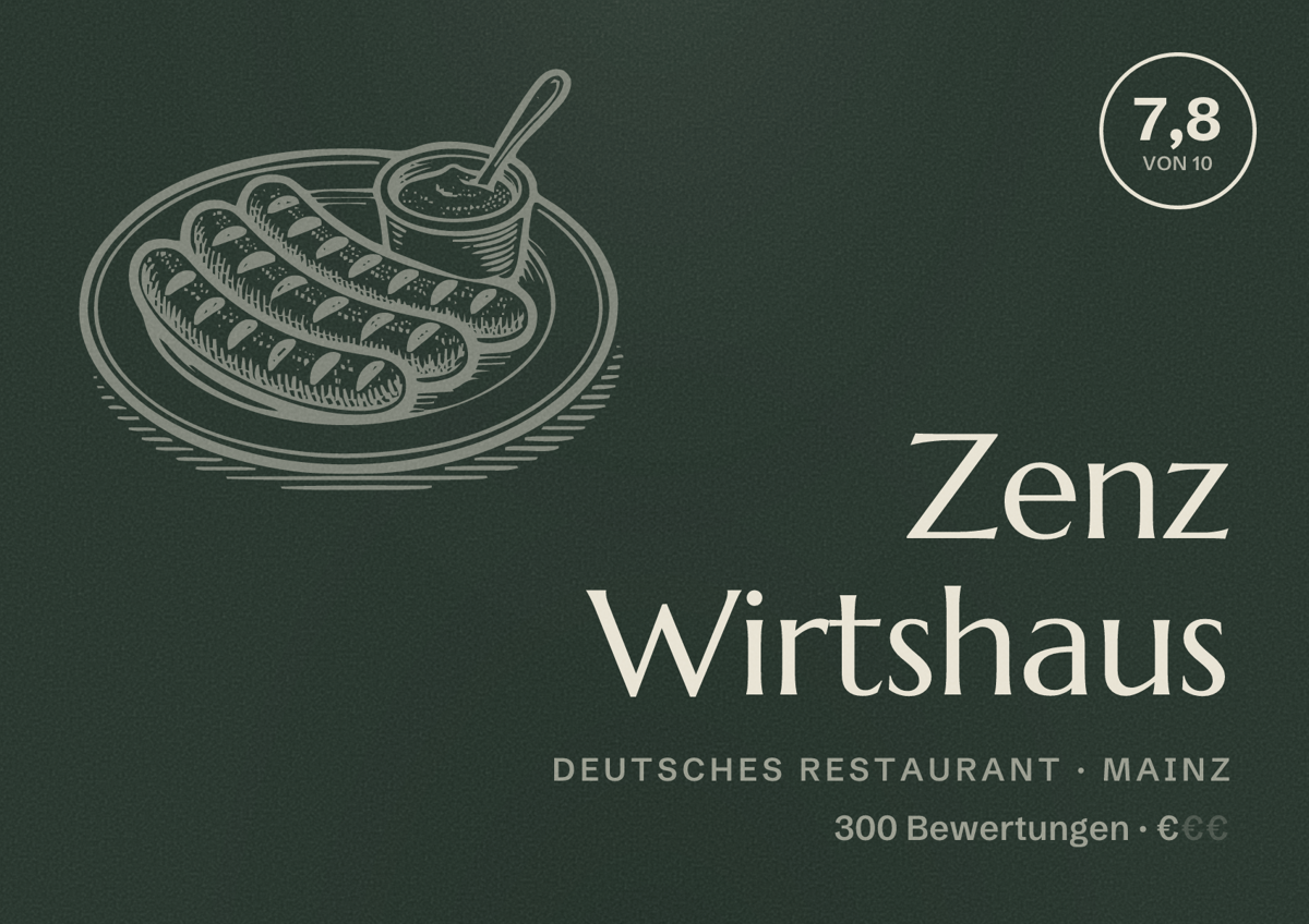 Illustriertes Poster von Zenz Wirtshaus, Deutsches Restaurant in Mainz: Bewertung 7,8 von 10 aus 300 Bewertungen, Preisniveau €