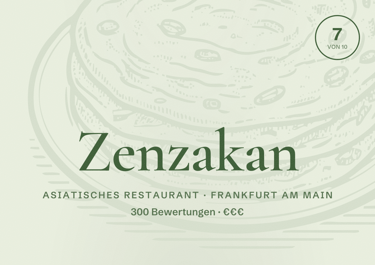 Illustriertes Poster von Zenzakan, Asiatisches Restaurant in Frankfurt am Main: Bewertung 7,0 von 10 aus 300 Bewertungen, Preisniveau €€€