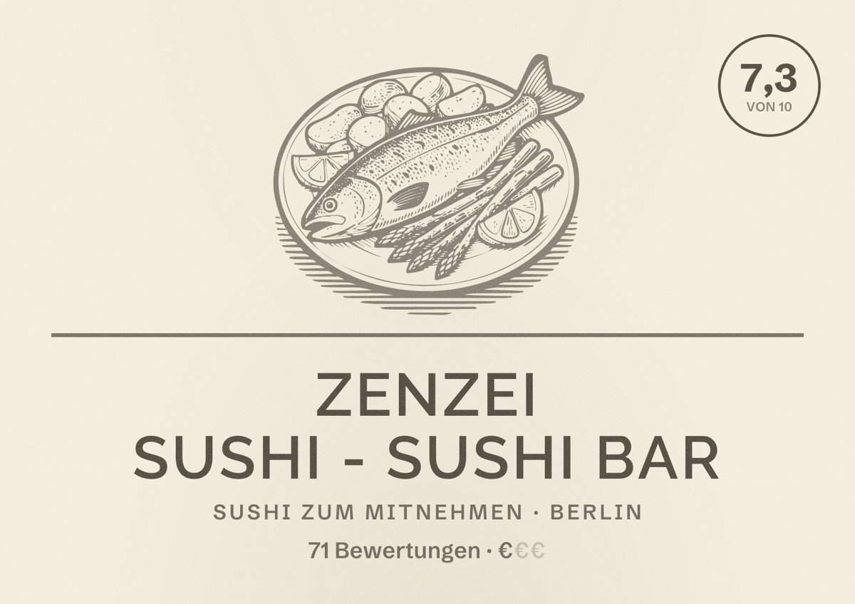 Illustriertes Poster von Zenzei Sushi - Sushi Bar, Sushi zum Mitnehmen in Berlin: Bewertung 7,3 von 10 aus 71 Bewertungen, Preisniveau €