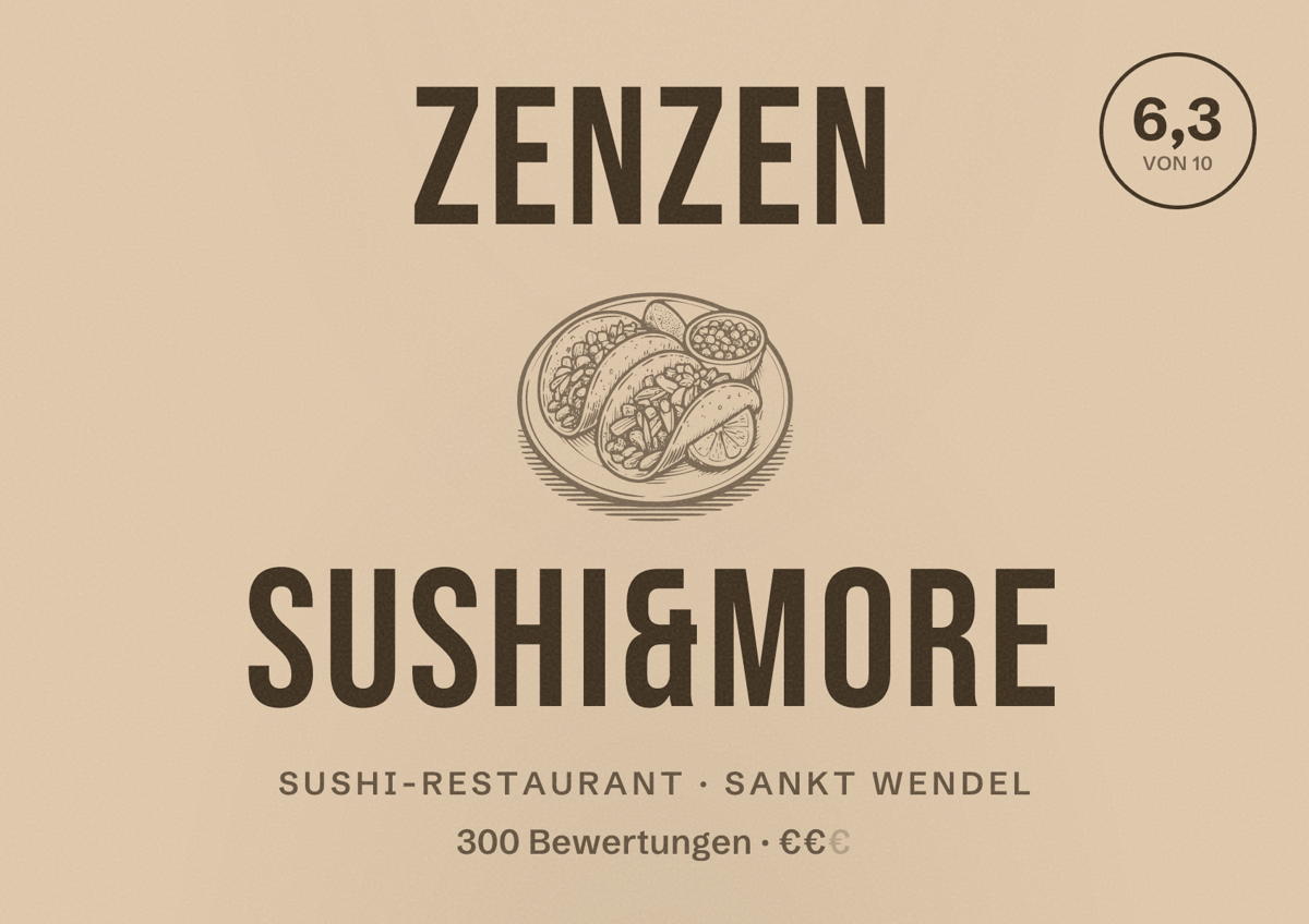 Illustriertes Poster von ZenZen SUSHI&MORE, Sushi-Restaurant in Sankt Wendel: Bewertung 6,3 von 10 aus 300 Bewertungen, Preisniveau €€