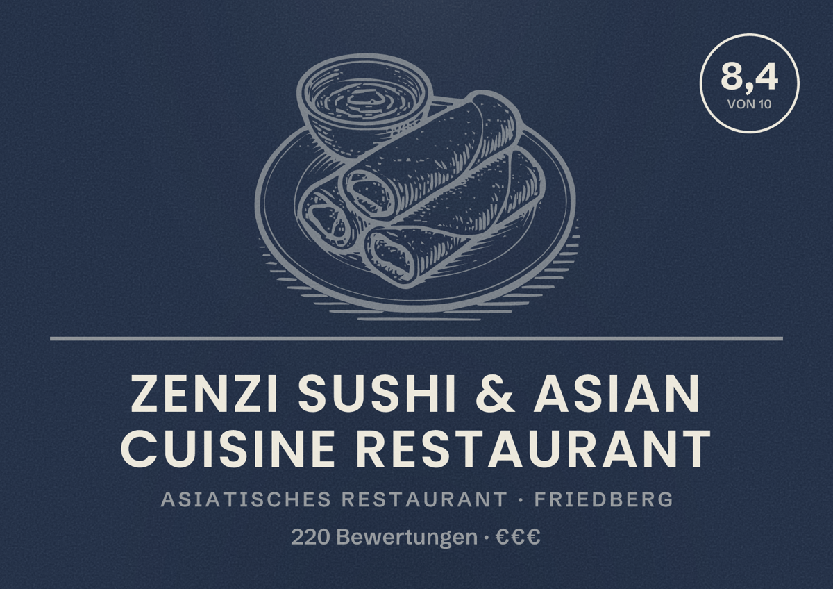 Illustriertes Poster von Zenzi Sushi & Asian cuisine Restaurant, Asiatisches Restaurant in Friedberg: Bewertung 8,4 von 10 aus 220 Bewertungen, Preisniveau €€€