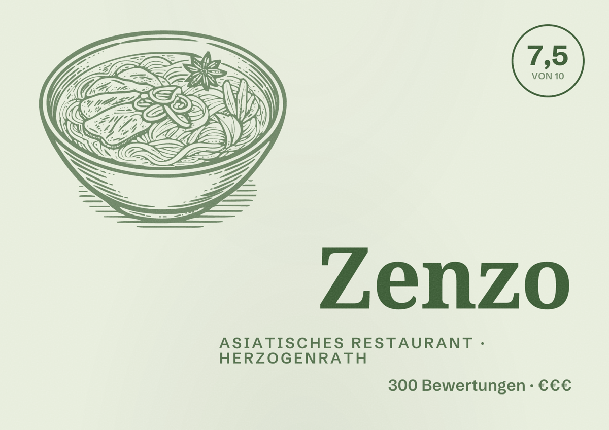 Illustriertes Poster von Zenzo, Asiatisches Restaurant in Herzogenrath: Bewertung 7,5 von 10 aus 300 Bewertungen, Preisniveau €€€