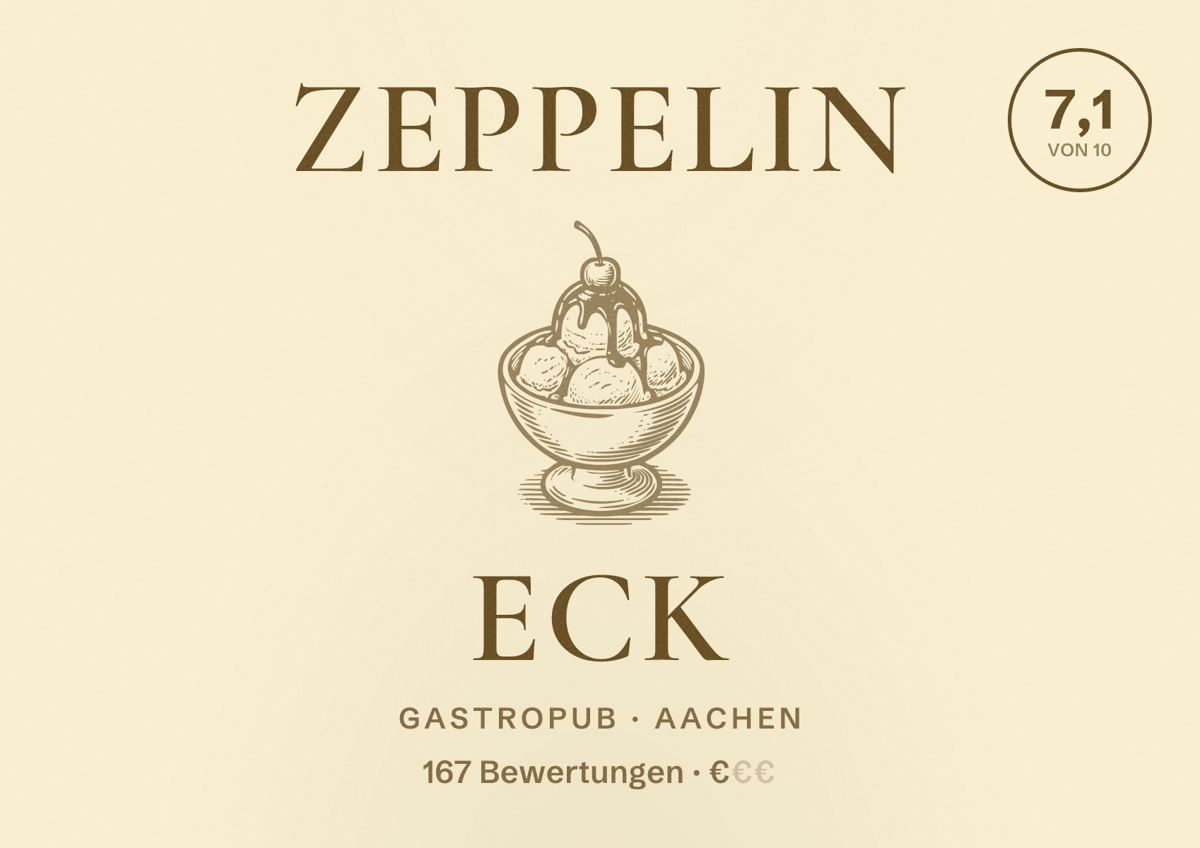 Illustriertes Poster von Zeppelin Eck, Gastropub in Aachen: Bewertung 7,1 von 10 aus 167 Bewertungen, Preisniveau €