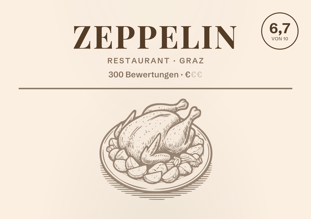 Illustriertes Poster von Zeppelin, Restaurant in Graz: Bewertung 6,7 von 10 aus 300 Bewertungen, Preisniveau €