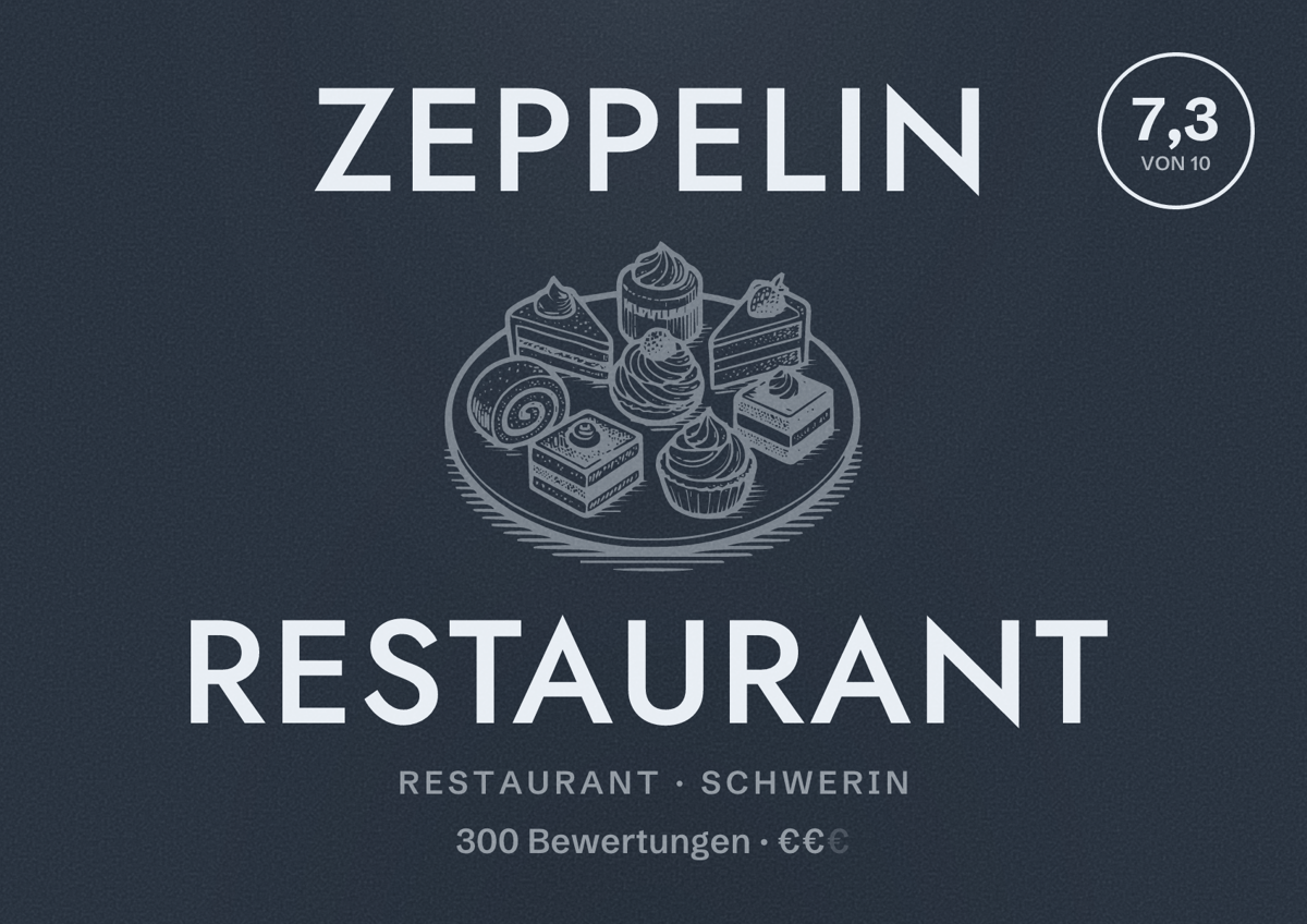 Illustriertes Poster von Zeppelin Restaurant, Restaurant in Schwerin: Bewertung 7,3 von 10 aus 300 Bewertungen, Preisniveau €€