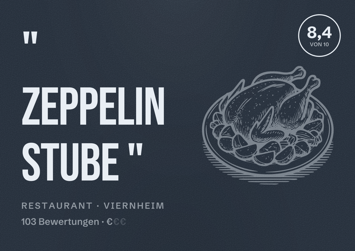 Illustriertes Poster von " ZEPPELIN STUBE ", Restaurant in Viernheim: Bewertung 8,4 von 10 aus 103 Bewertungen, Preisniveau €