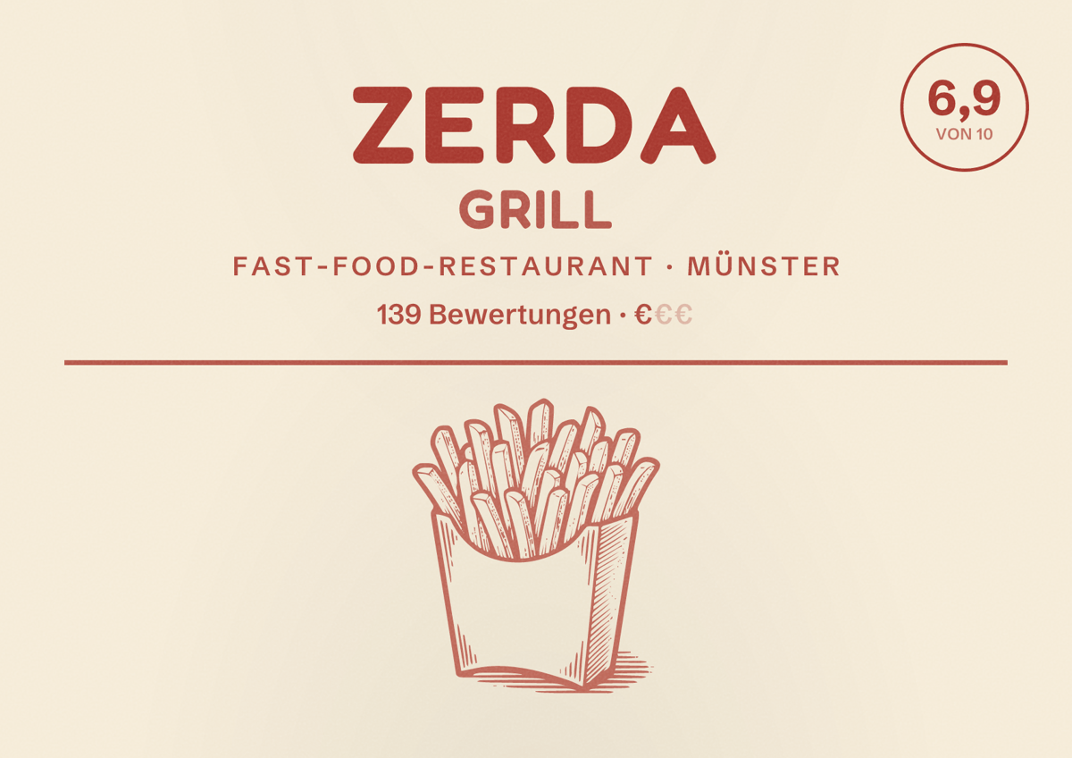 Illustriertes Poster von Zerda Grill, Fast-Food-Restaurant in Münster: Gästebewertung 6,9 von 10 aus 139 Bewertungen