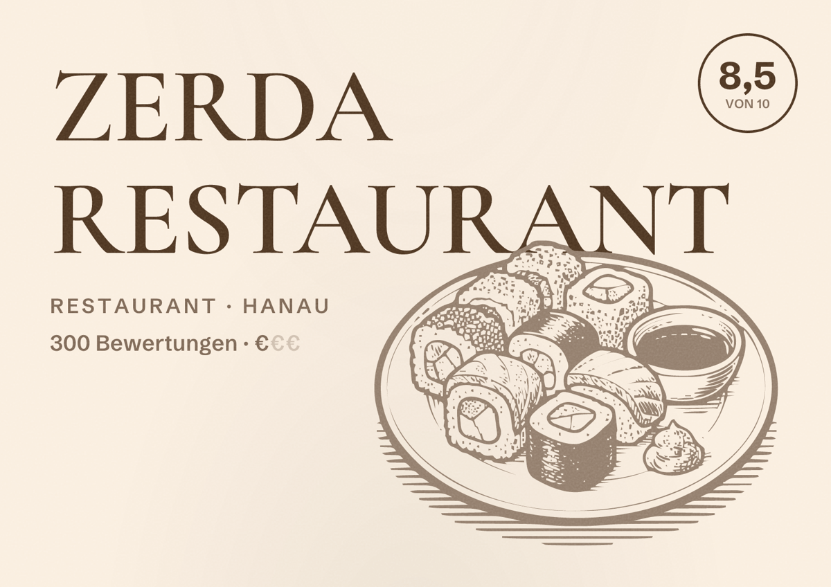 Illustriertes Poster von ZERDA RESTAURANT, Restaurant in Hanau: Bewertung 8,5 von 10 aus 300 Bewertungen, Preisniveau €