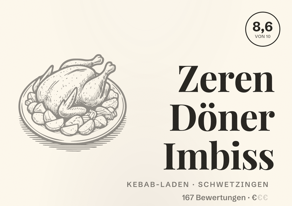 Illustriertes Poster von Zeren Döner Imbiss, Kebab-Laden in Schwetzingen: Bewertung 8,6 von 10 aus 167 Bewertungen, Preisniveau €