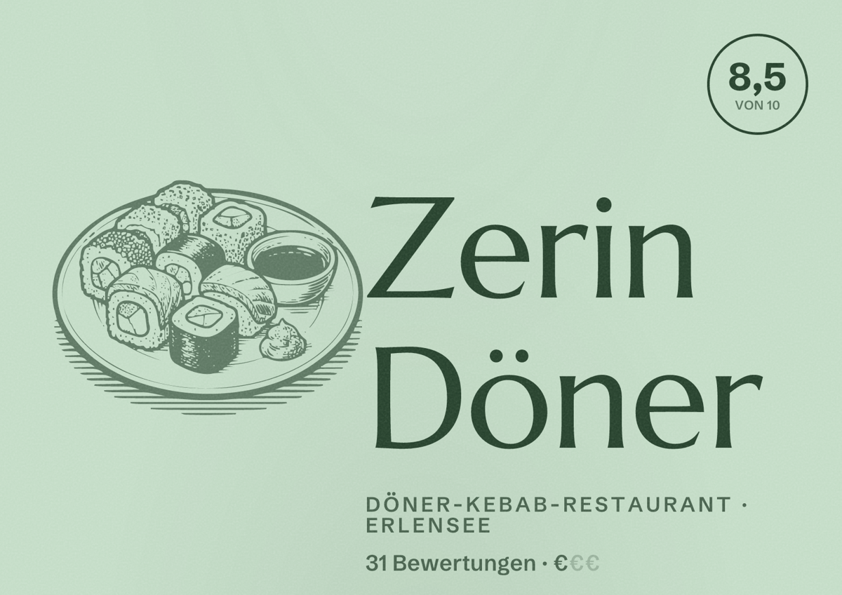 Illustriertes Poster von Zerin Döner, Döner-Kebab-Restaurant in Erlensee: Bewertung 8,5 von 10 aus 31 Bewertungen, Preisniveau €