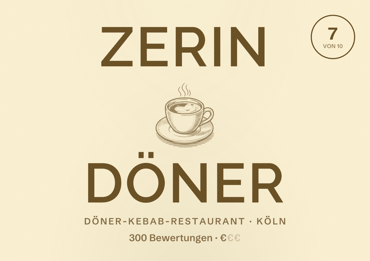 Illustriertes Poster von ZERIN DÖNER, Döner-Kebab-Restaurant in Köln: Bewertung 7 von 10 aus 300 Bewertungen, Preisniveau €