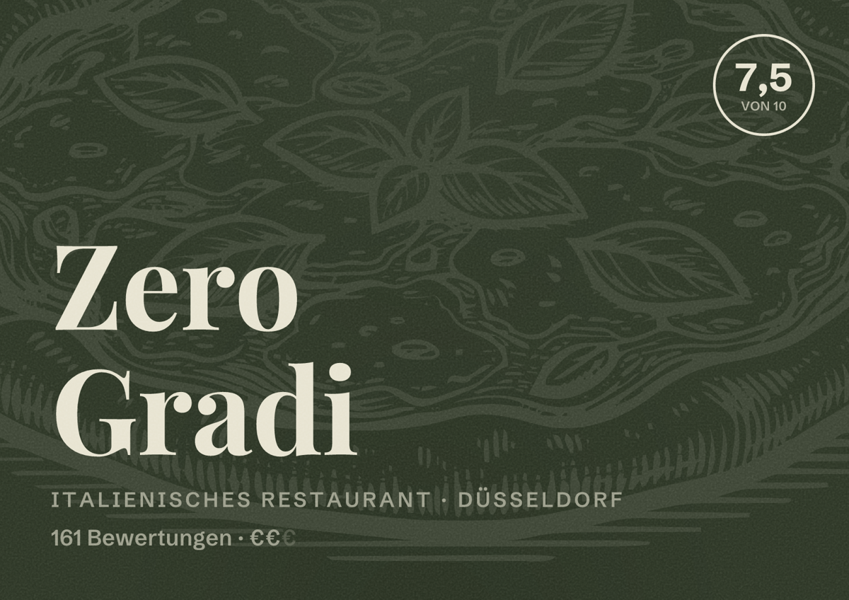 Illustriertes Poster von Zero Gradi, Italienisches Restaurant in Düsseldorf: Bewertung 7,5 von 10 aus 161 Bewertungen, Preisniveau €€