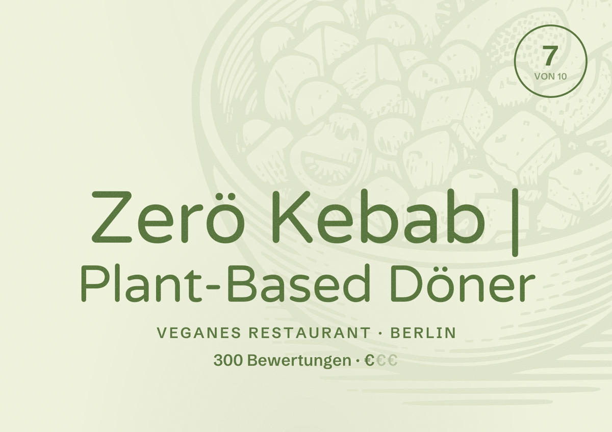 Illustriertes Poster von Zerö Kebab | Plant-Based Döner, Veganes Restaurant in Berlin: Bewertung 7,0 von 10 aus 300 Bewertungen, Preisniveau €
