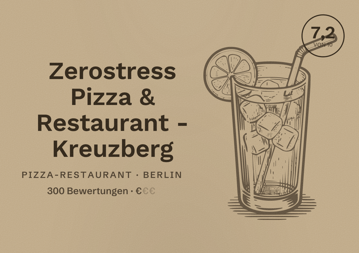 Illustriertes Poster von Zerostress Pizza & Restaurant - Kreuzberg, Pizza-Restaurant in Berlin: Bewertung 7,2 von 10 aus 300 Bewertungen, Preisniveau €
