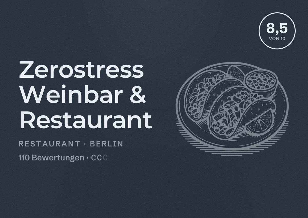 Illustriertes Poster von Zerostress Weinbar & Restaurant, Restaurant in Berlin: Bewertung 8,5 von 10 aus 110 Bewertungen, Preisniveau €€