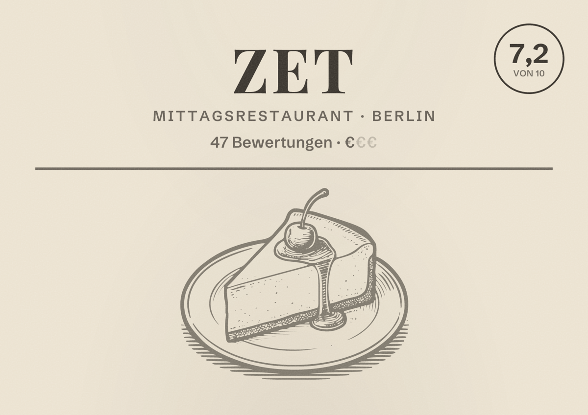 Illustriertes Poster von Zet, Mittagsrestaurant in Berlin: Bewertung 7,2 von 10 aus 47 Bewertungen, Preisniveau €