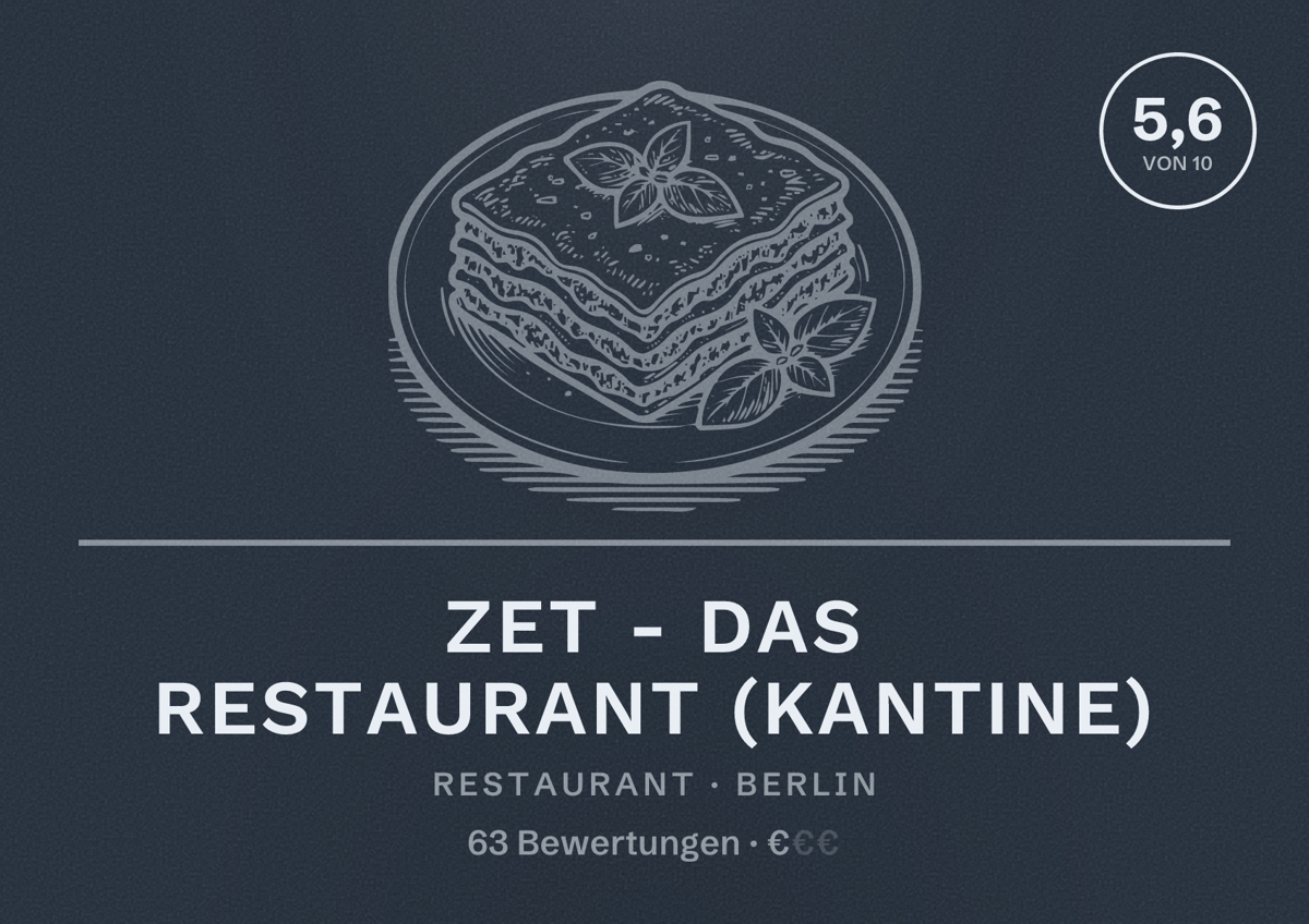 Illustriertes Poster von Zet - Das Restaurant (Kantine), Restaurant in Berlin: Bewertung 5,6 von 10 aus 63 Bewertungen, Preisniveau €