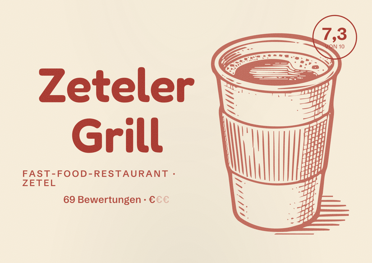 Illustriertes Poster von Zeteler Grill, Fast-Food-Restaurant in Zetel: Bewertung 7,3 von 10 aus 69 Bewertungen, Preisniveau €