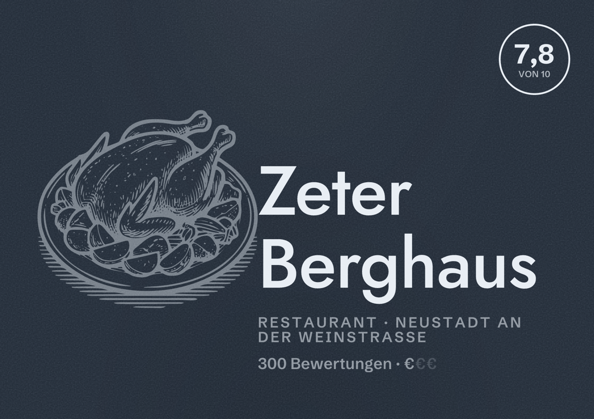 Illustriertes Poster von Zeter Berghaus, Restaurant in Neustadt an der Weinstraße: Bewertung 7,8 von 10 aus 300 Bewertungen, Preisniveau €