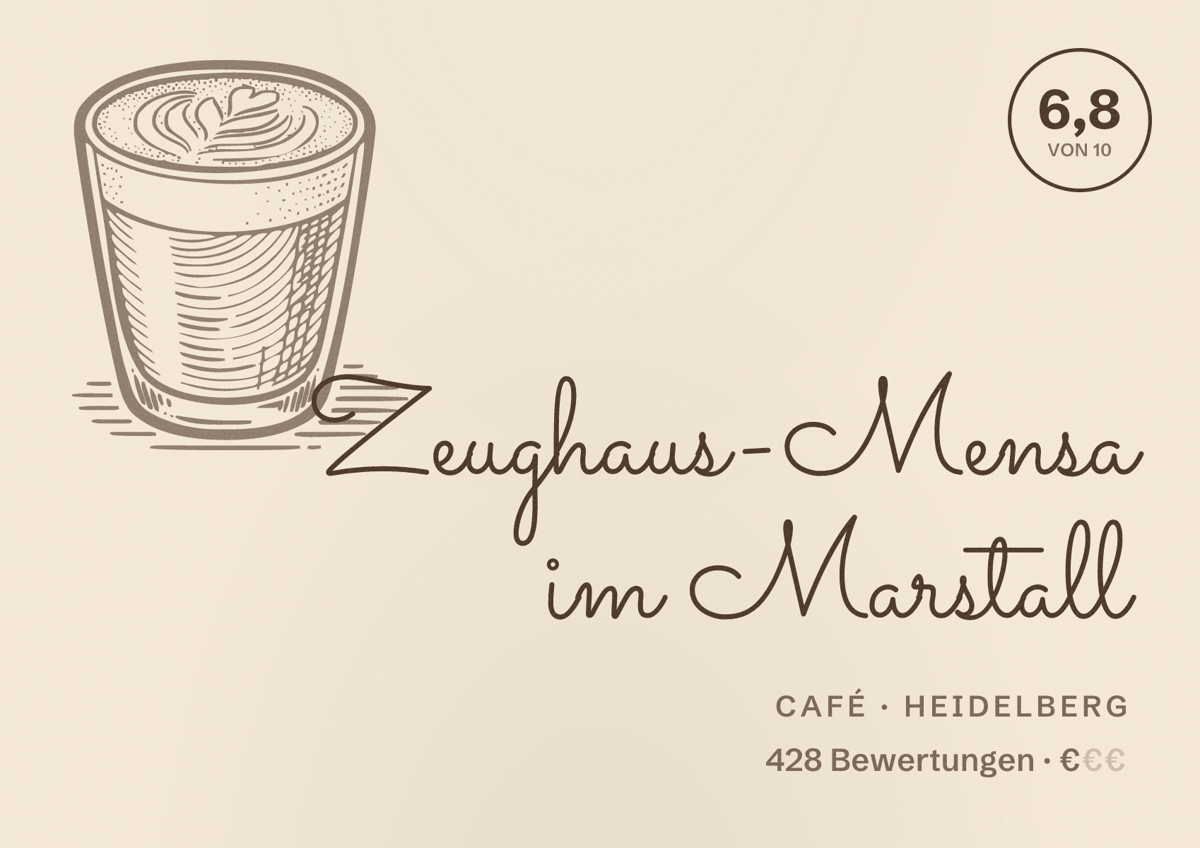 Illustriertes Poster von Zeughaus-Mensa im Marstall, Café in Heidelberg: Bewertung 6,8 von 10 aus 428 Bewertungen, Preisniveau €