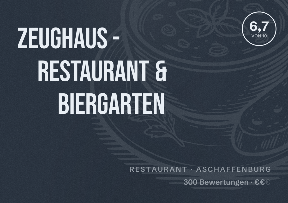 Illustriertes Poster von Zeughaus - Restaurant & Biergarten, Restaurant in Aschaffenburg: Bewertung 6,7 von 10 aus 300 Bewertungen, Preisniveau €€