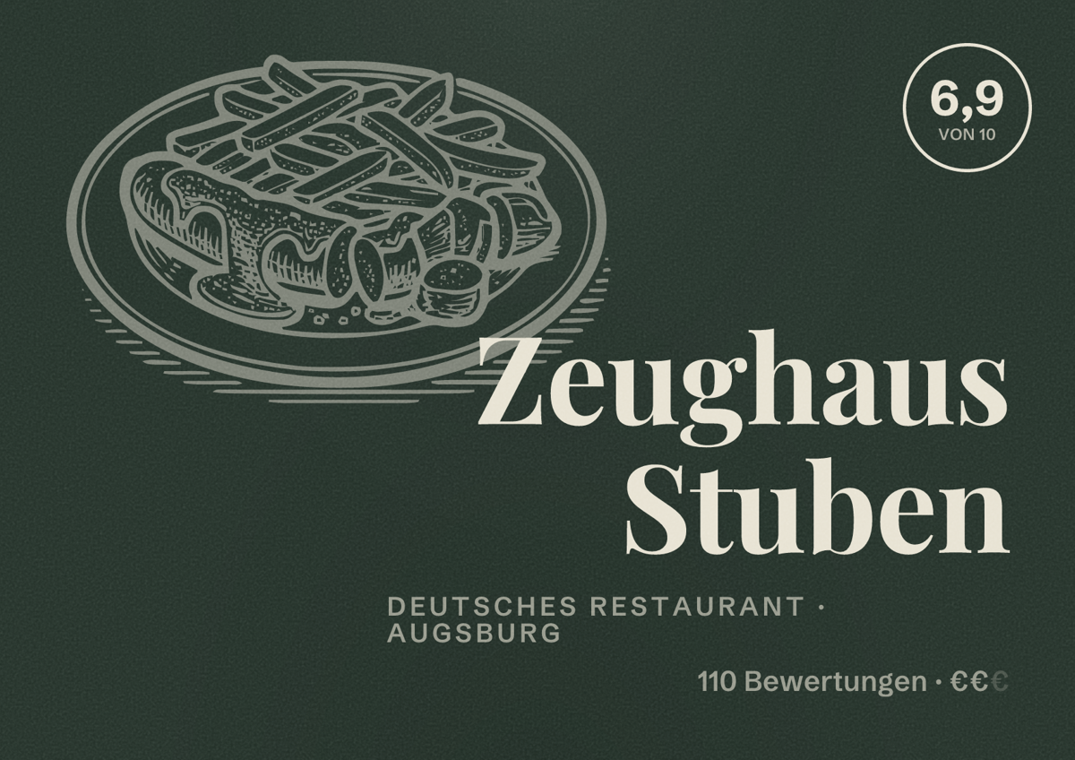 Illustriertes Poster von Zeughaus Stuben, Deutsches Restaurant in Augsburg: Bewertung 6,9 von 10 aus 110 Bewertungen, Preisniveau €€