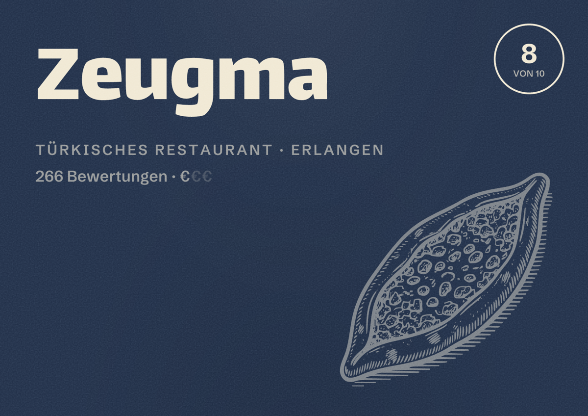 Illustriertes Poster von Zeugma, Türkisches Restaurant in Erlangen: Bewertung 8 von 10 aus 266 Bewertungen, Preisniveau €