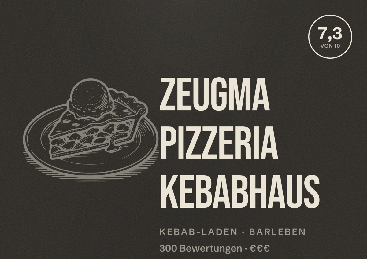 Illustriertes Poster von Zeugma Pizzeria Kebabhaus, Kebab-Laden in Barleben: Bewertung 7,3 von 10 aus 300 Bewertungen, Preisniveau €€€