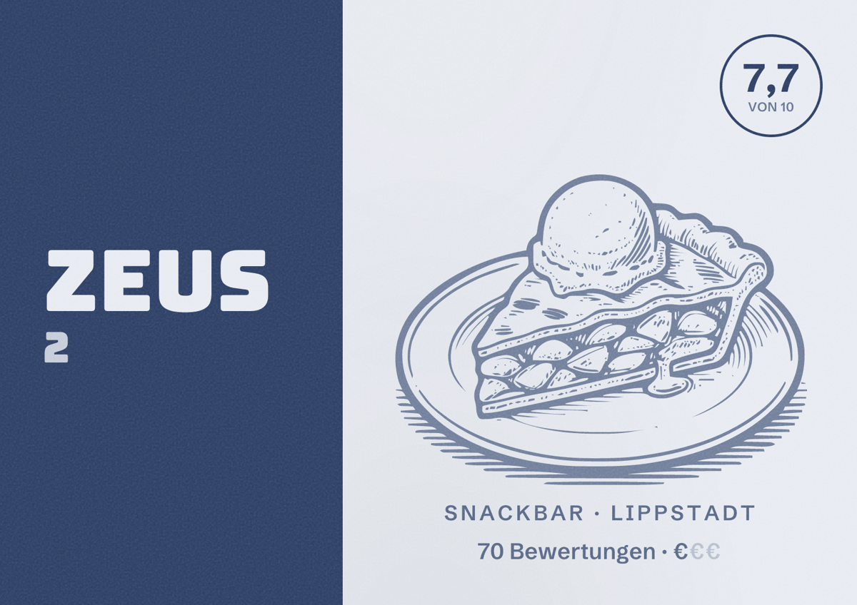 Illustriertes Poster von Zeus 2, Snackbar in Lippstadt: Bewertung 7,7 von 10 aus 70 Bewertungen, Preisniveau €