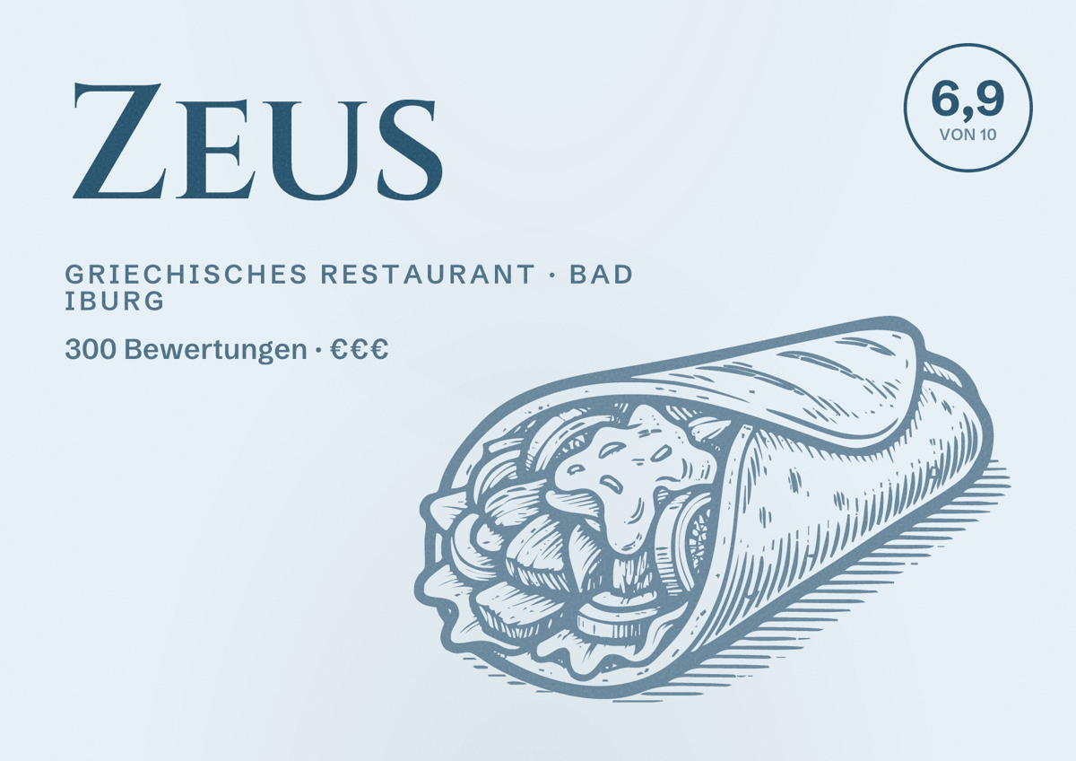 Illustriertes Poster von Zeus, Griechisches Restaurant in Bad Iburg: Bewertung 6,9 von 10 aus 300 Bewertungen, Preisniveau €€€