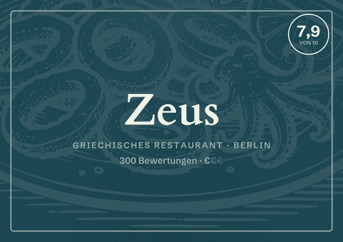 Illustriertes Poster von Zeus, Griechisches Restaurant in Berlin: Bewertung 7,9 von 10 aus 300 Bewertungen, Preisniveau €