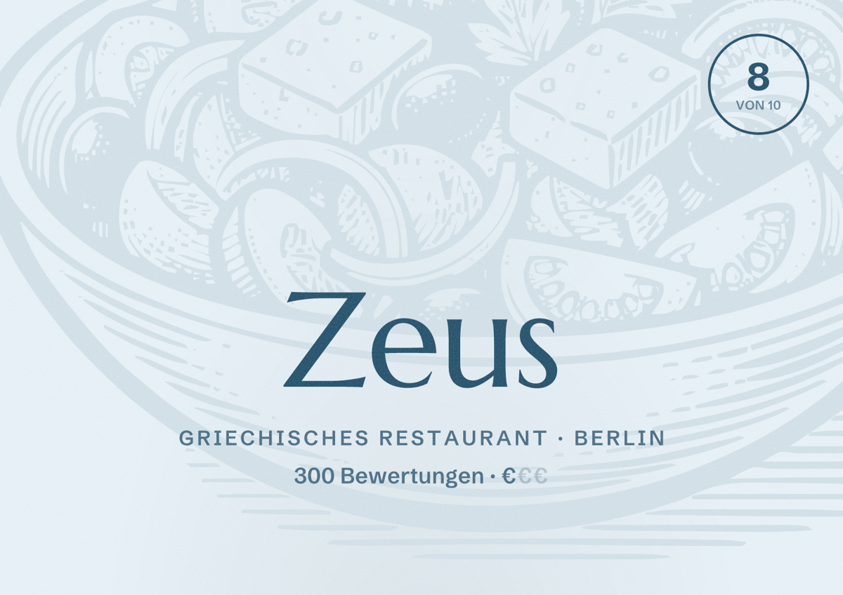 Illustriertes Poster von Zeus, Griechisches Restaurant in Berlin: Bewertung 8,0 von 10 aus 300 Bewertungen, Preisniveau €