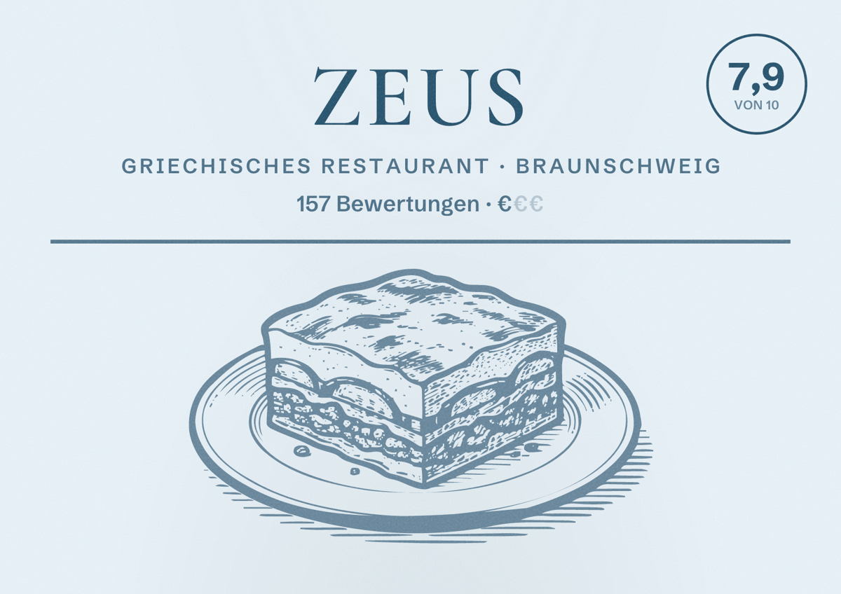 Illustriertes Poster von Zeus, Griechisches Restaurant in Braunschweig: Bewertung 7,9 von 10 aus 157 Bewertungen, Preisniveau €