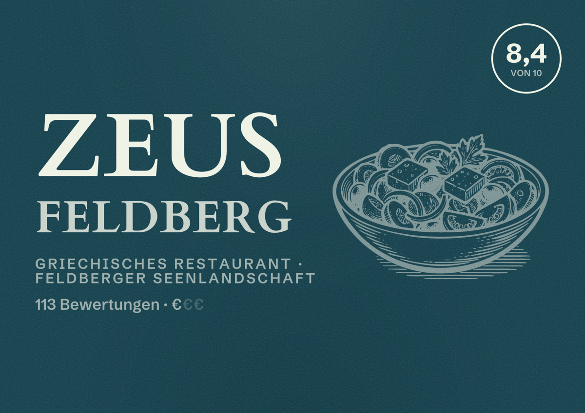 Illustriertes Poster von Zeus Feldberg, Griechisches Restaurant in Feldberger Seenlandschaft: Bewertung 8,4 von 10 aus 113 Bewertungen, Preisniveau €