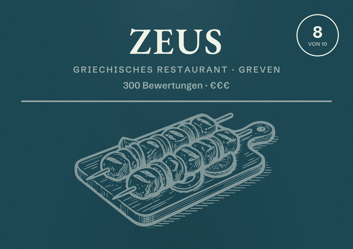 Illustriertes Poster von Zeus, Griechisches Restaurant in Greven: Bewertung 8 von 10 aus 300 Bewertungen, Preisniveau €€€