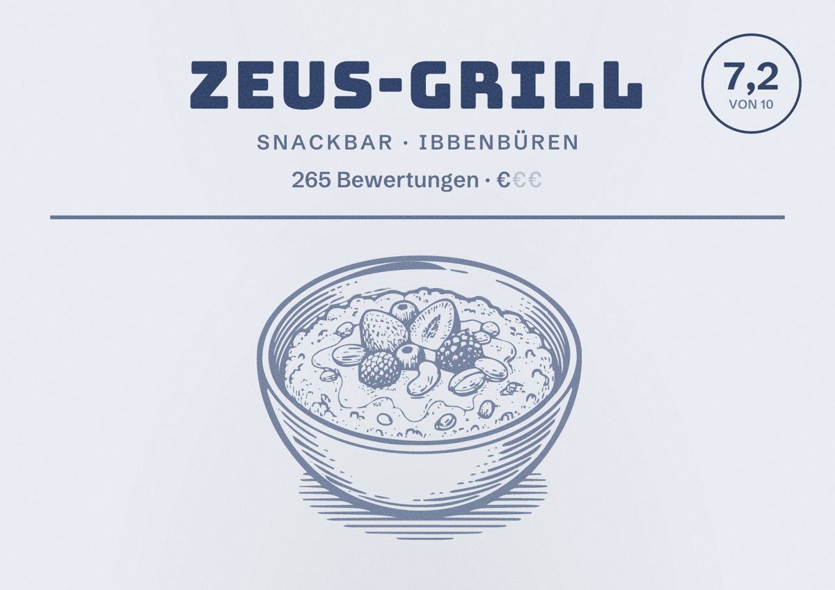 Illustriertes Poster von Zeus-Grill, Snackbar in Ibbenbüren: Bewertung 7,2 von 10 aus 265 Bewertungen, Preisniveau €