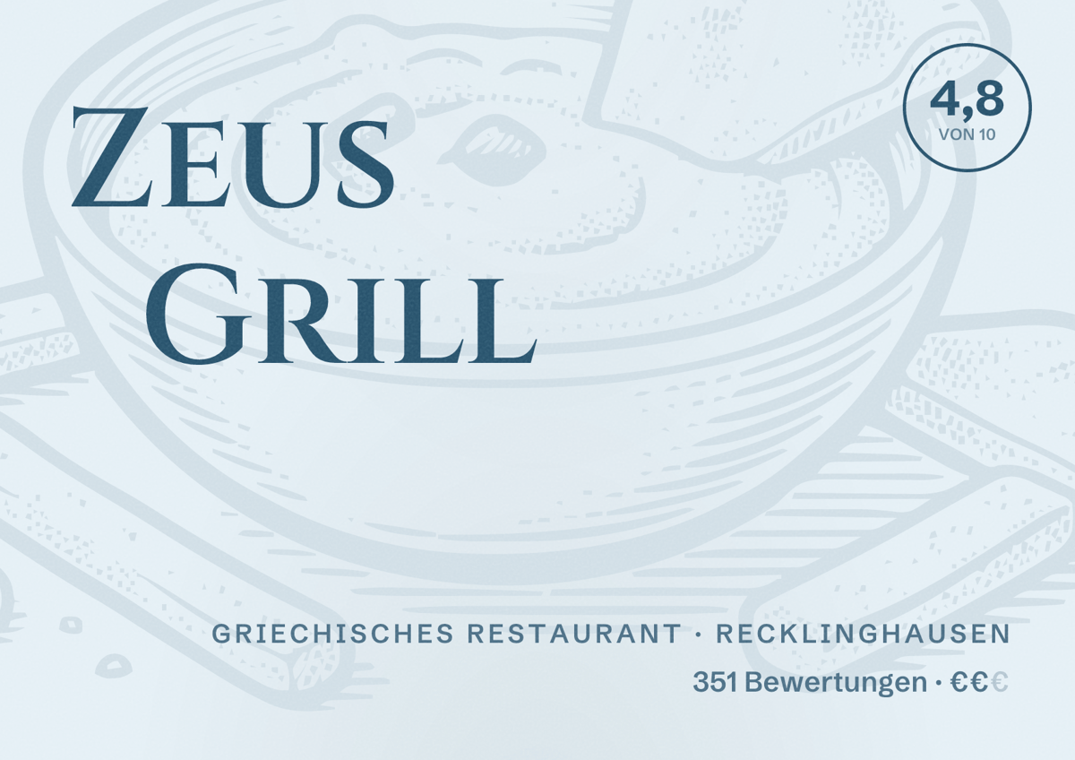 Illustriertes Poster von Zeus Grill, Griechisches Restaurant in Recklinghausen: Bewertung 4,8 von 10 aus 351 Bewertungen, Preisniveau €€