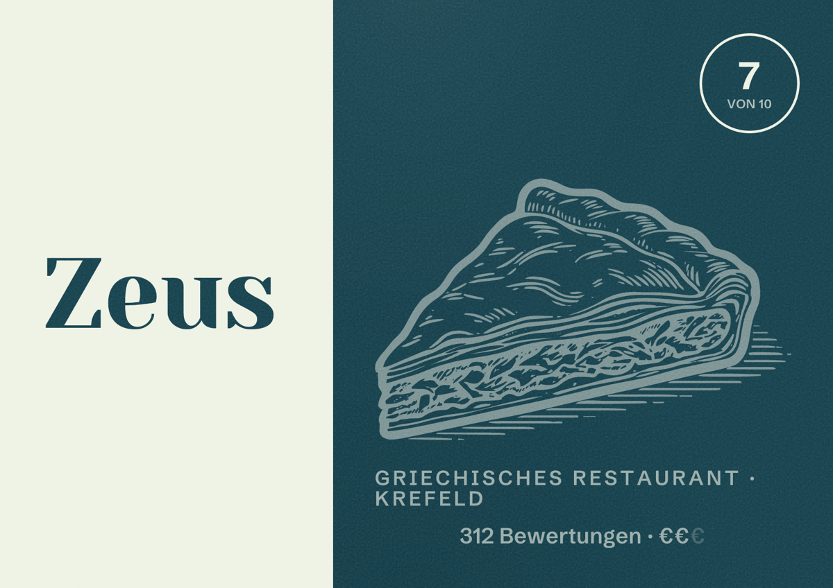 Illustriertes Poster von Zeus, Griechisches Restaurant in Krefeld: Bewertung 7 von 10 aus 312 Bewertungen, Preisniveau €€