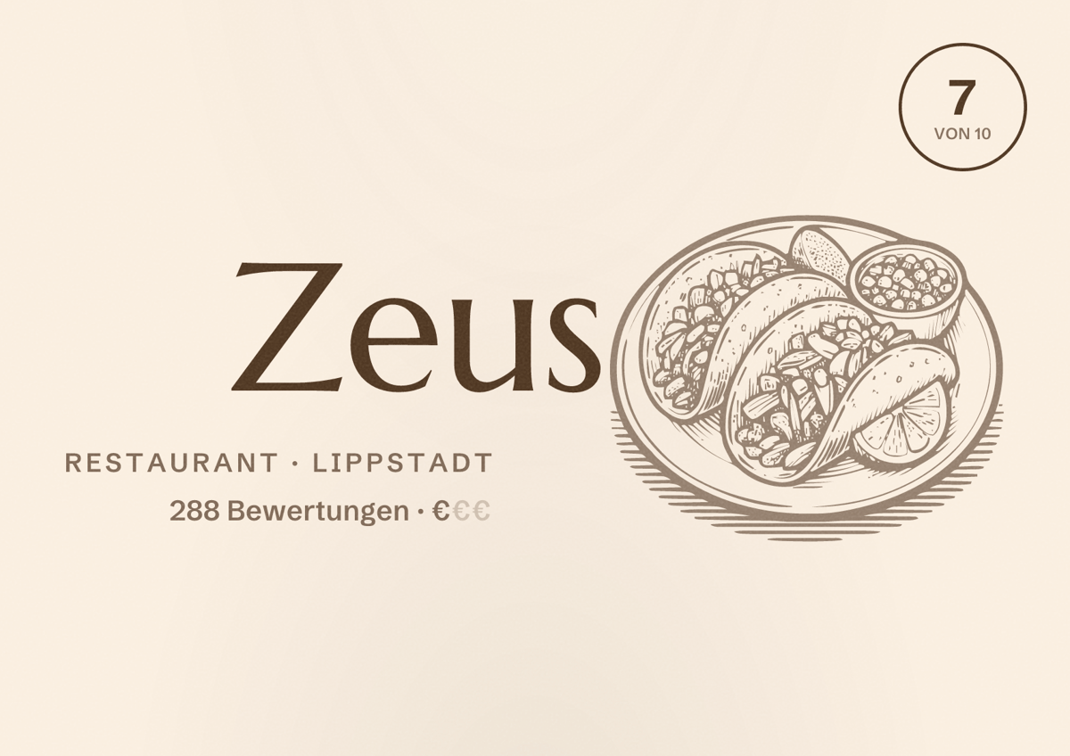 Illustriertes Poster von Zeus, Restaurant in Lippstadt: Bewertung 7 von 10 aus 288 Bewertungen, Preisniveau €