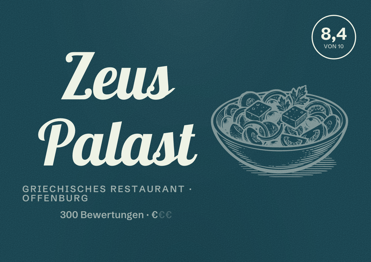 Illustriertes Poster von Zeus Palast, Griechisches Restaurant in Offenburg: Bewertung 8,4 von 10 aus 300 Bewertungen, Preisniveau €