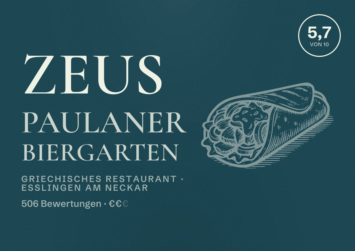 Illustriertes Poster von Zeus Paulaner Biergarten, Griechisches Restaurant in Esslingen am Neckar: Gästebewertung 5,7 von 10 aus 506 Bewertungen