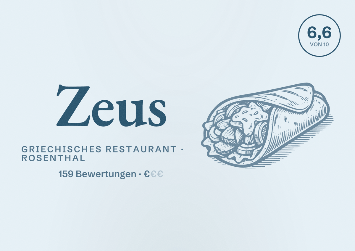 Illustriertes Poster von Zeus, Griechisches Restaurant in Rosenthal: Bewertung 6,6 von 10 aus 159 Bewertungen, Preisniveau €
