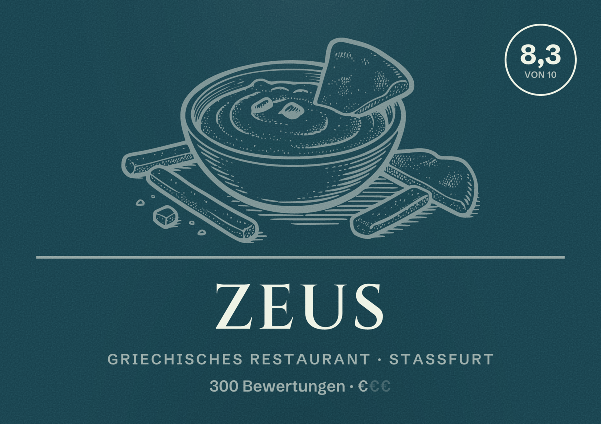 Illustriertes Poster von Zeus, Griechisches Restaurant in Staßfurt: Bewertung 8,3 von 10 aus 300 Bewertungen, Preisniveau €