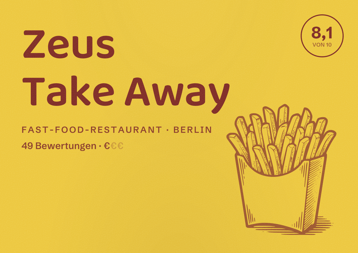 Illustriertes Poster von Zeus Take Away, Fast-Food-Restaurant in Berlin: Bewertung 8,1 von 10 aus 49 Bewertungen, Preisniveau €