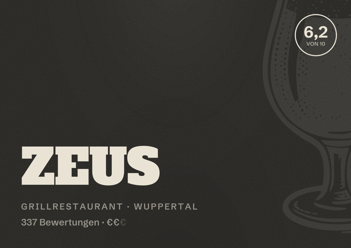 Illustriertes Poster von ZEUS, Grillrestaurant in Wuppertal: Bewertung 6,2 von 10 aus 337 Bewertungen, Preisniveau €€