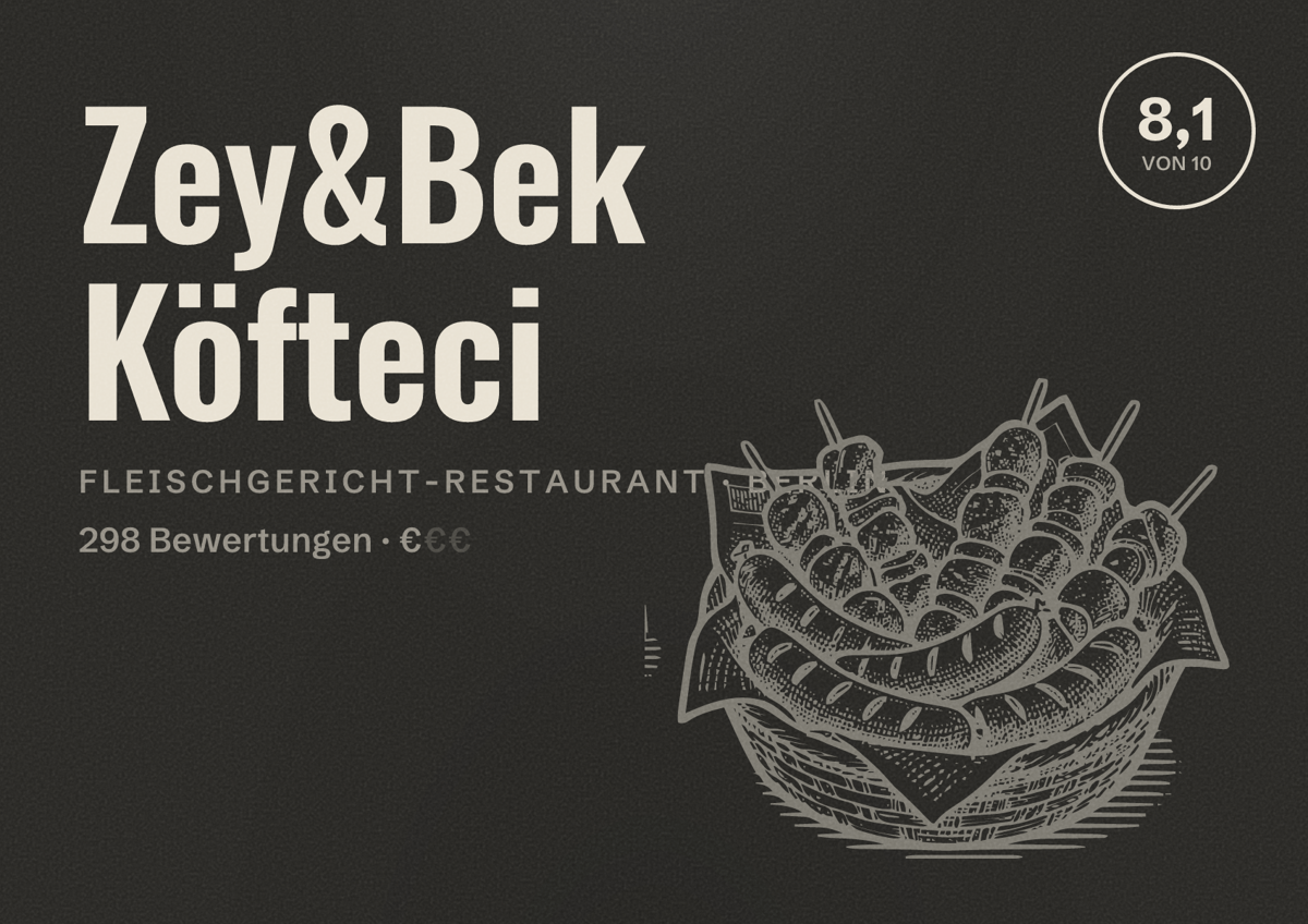 Illustriertes Poster von Zey&Bek Köfteci, Fleischgericht-Restaurant in Berlin: Bewertung 8,1 von 10 aus 298 Bewertungen, Preisniveau €