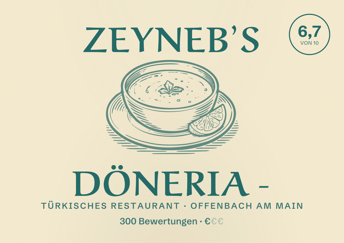 Illustriertes Poster von Zeyneb’s Döneria -, Türkisches Restaurant in Offenbach am Main: Bewertung 6,7 von 10 aus 300 Bewertungen, Preisniveau €