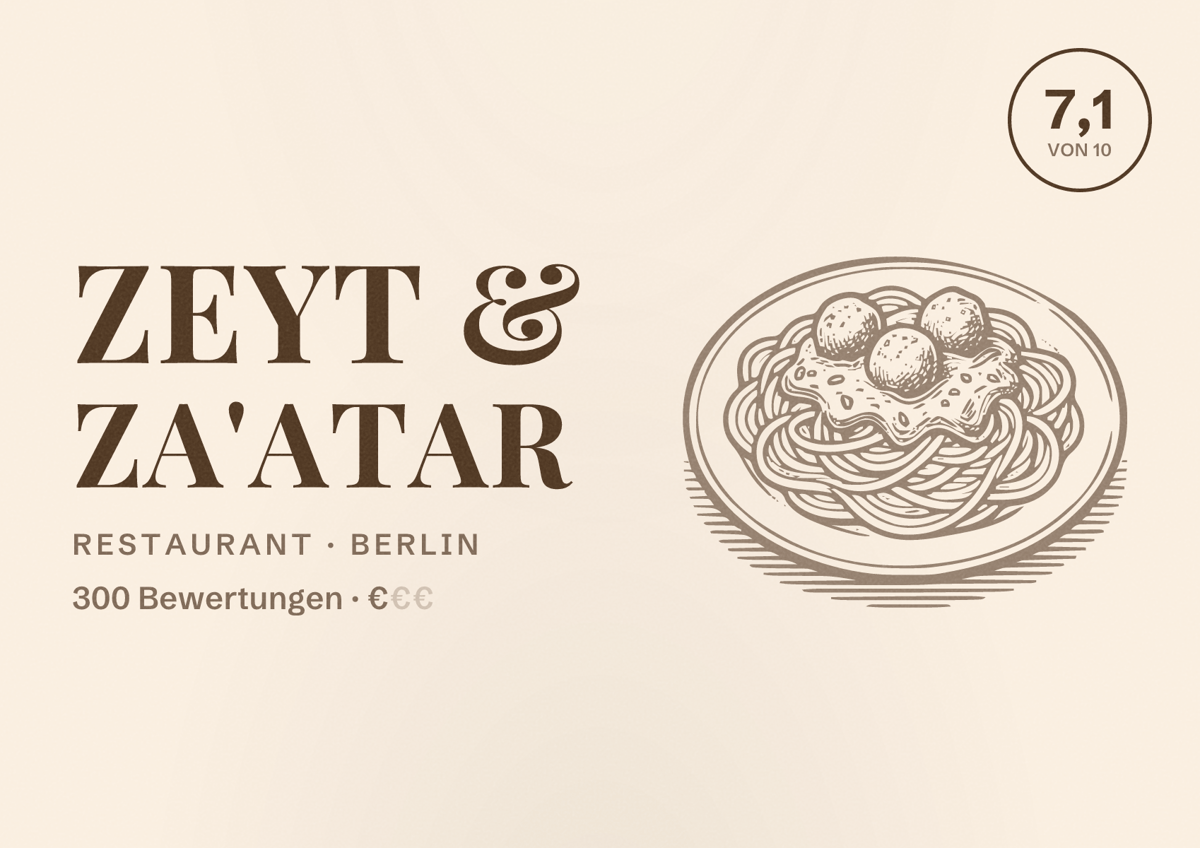 Illustriertes Poster von Zeyt & Za'atar, Restaurant in Berlin: Bewertung 7,1 von 10 aus 300 Bewertungen, Preisniveau €