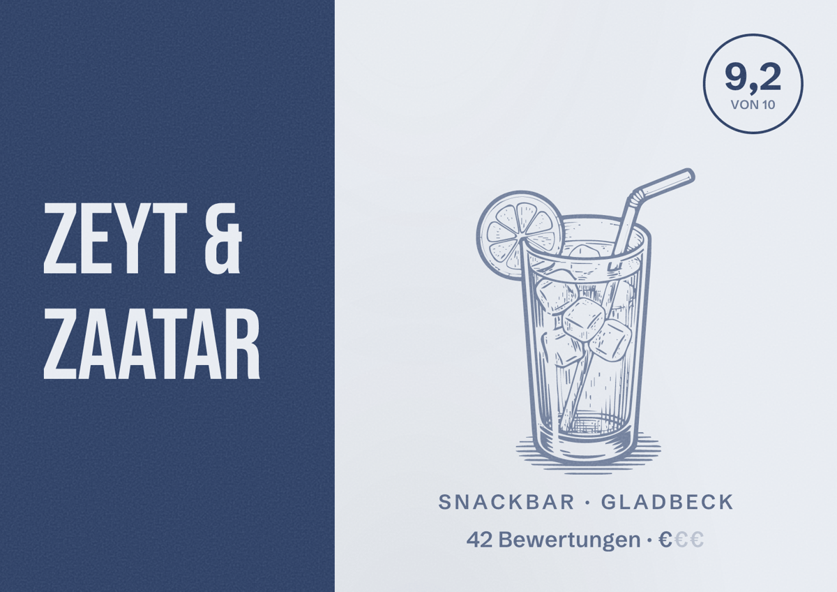 Illustriertes Poster von Zeyt & Zaatar, Snackbar in Gladbeck: Bewertung 9,2 von 10 aus 42 Bewertungen, Preisniveau €